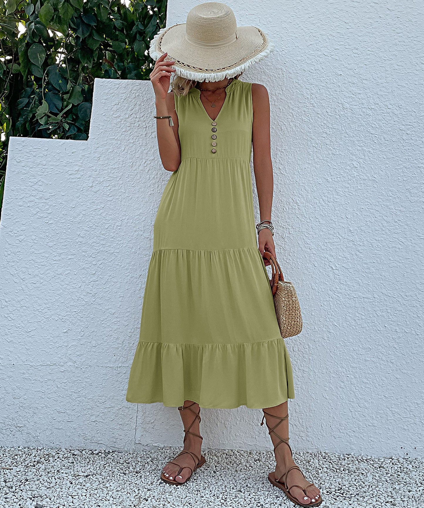 Summer Flowy Maxi Dress with Pockets Sleeveless Loose Casual Sundress V-Neck Tiered Sun Dress for Beach Cruise Vacations