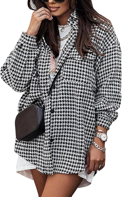 Plaid Jacket Women Casual Houndstooth Jacket Flannel Shacket Loose Long Sleeve Shirt Button Down Shacket with Pockets