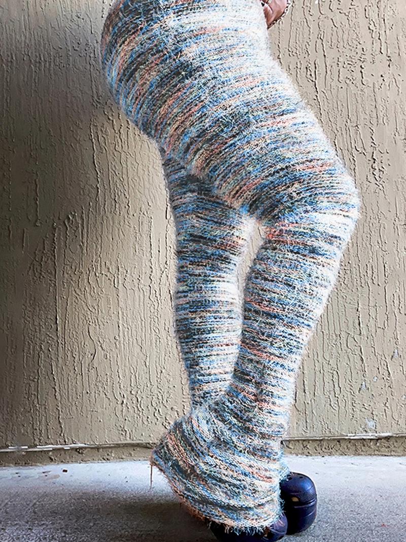 Women's Striped Print Flare Leg Fuzzy Sweater Pants, Casual Street Comfy Knit Bell Bottom Trousers For Fall & Winter, Women's Knitwear For Daily Wear - Seldom Seen Styles