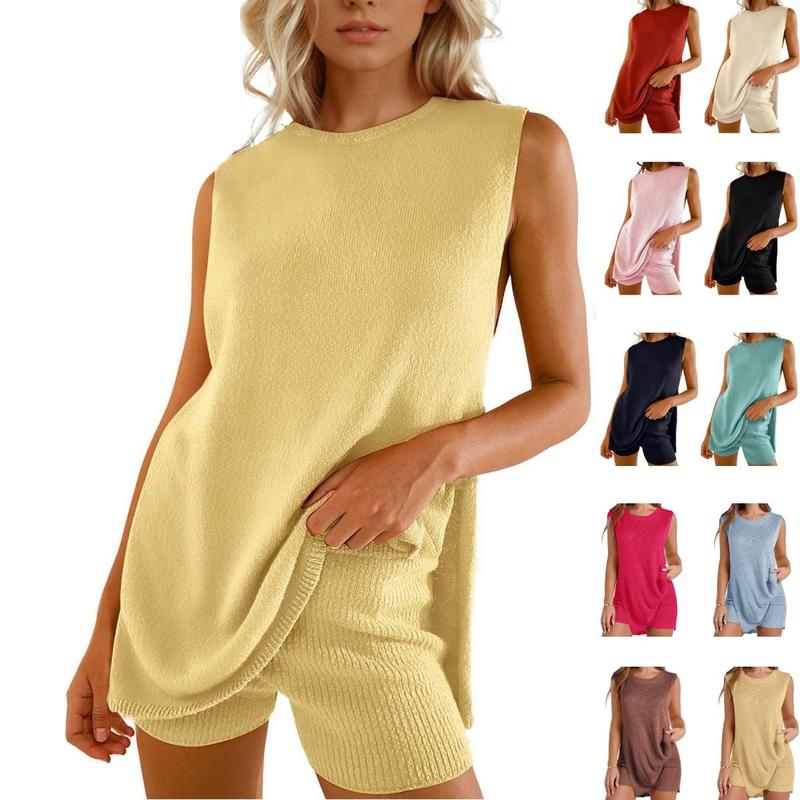 Women's 2 Piece Outfits Summer Knit Sweater Set Sleeveless Tunic Top Matching Shorts Trendy Beach Vacation Sets Loungesetwomen Suits Clothes Womenswear  Basic Beige - Seldom Seen Styles