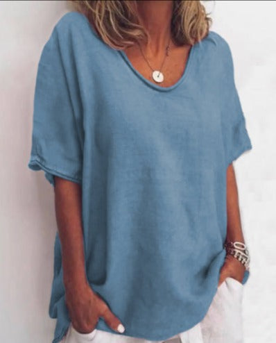 Solid color V-neck short-sleeved plus size women's T-shirt - Seldom Seen Styles