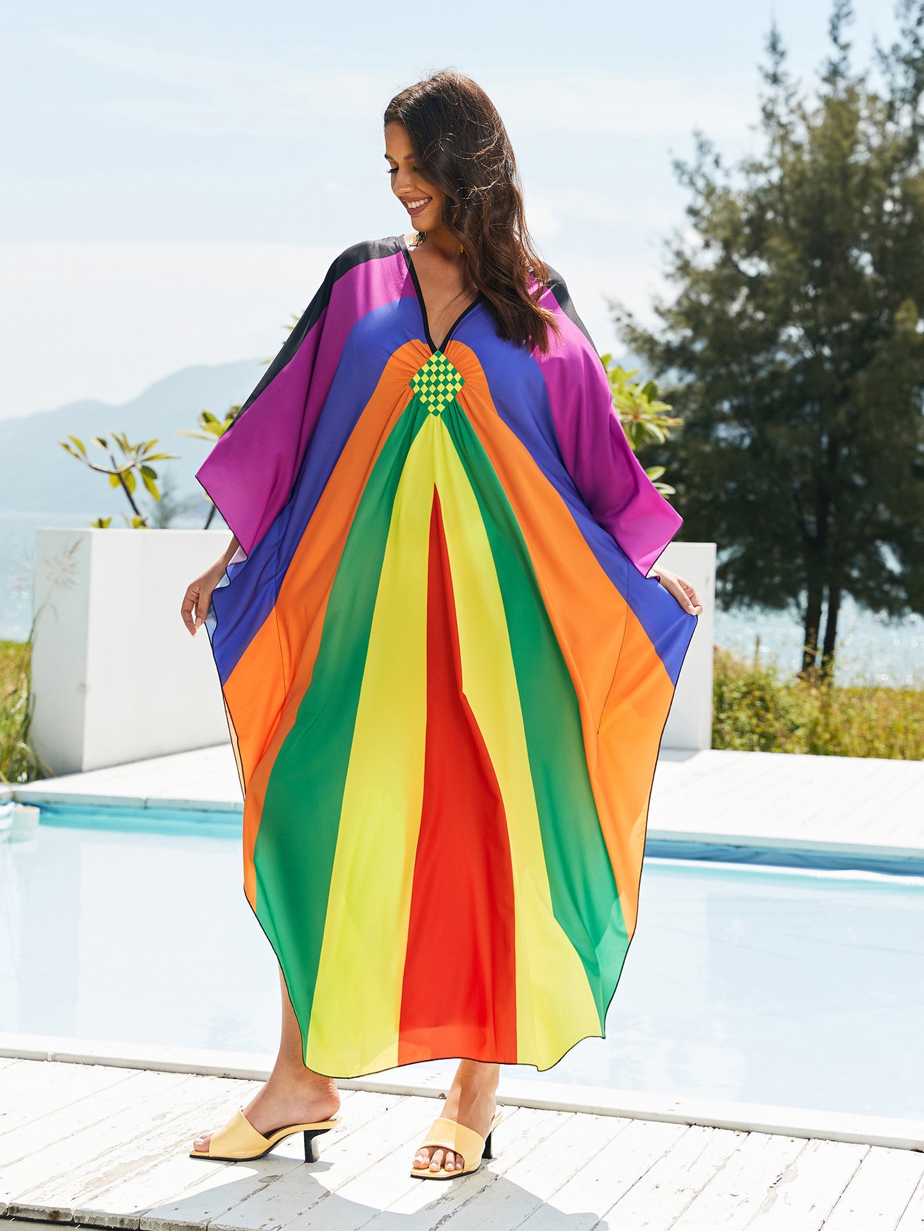 [Plus Size] Butterfly/feather Print Ruched Split Hem Tunic Dress, Valentine's Day Elegant Batwing Sleeve V Neck Long Dress for Summer, Casual Womenswear, Gift, Homecoming Dresses, Women's Clothes for Beach Holiday Vacation, Moo Moo Dresses