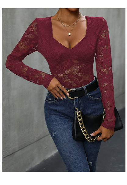Women's Sheer Floral Lace V Neck Bodysuit Long Sleeve Slim Fit Jumpsuits