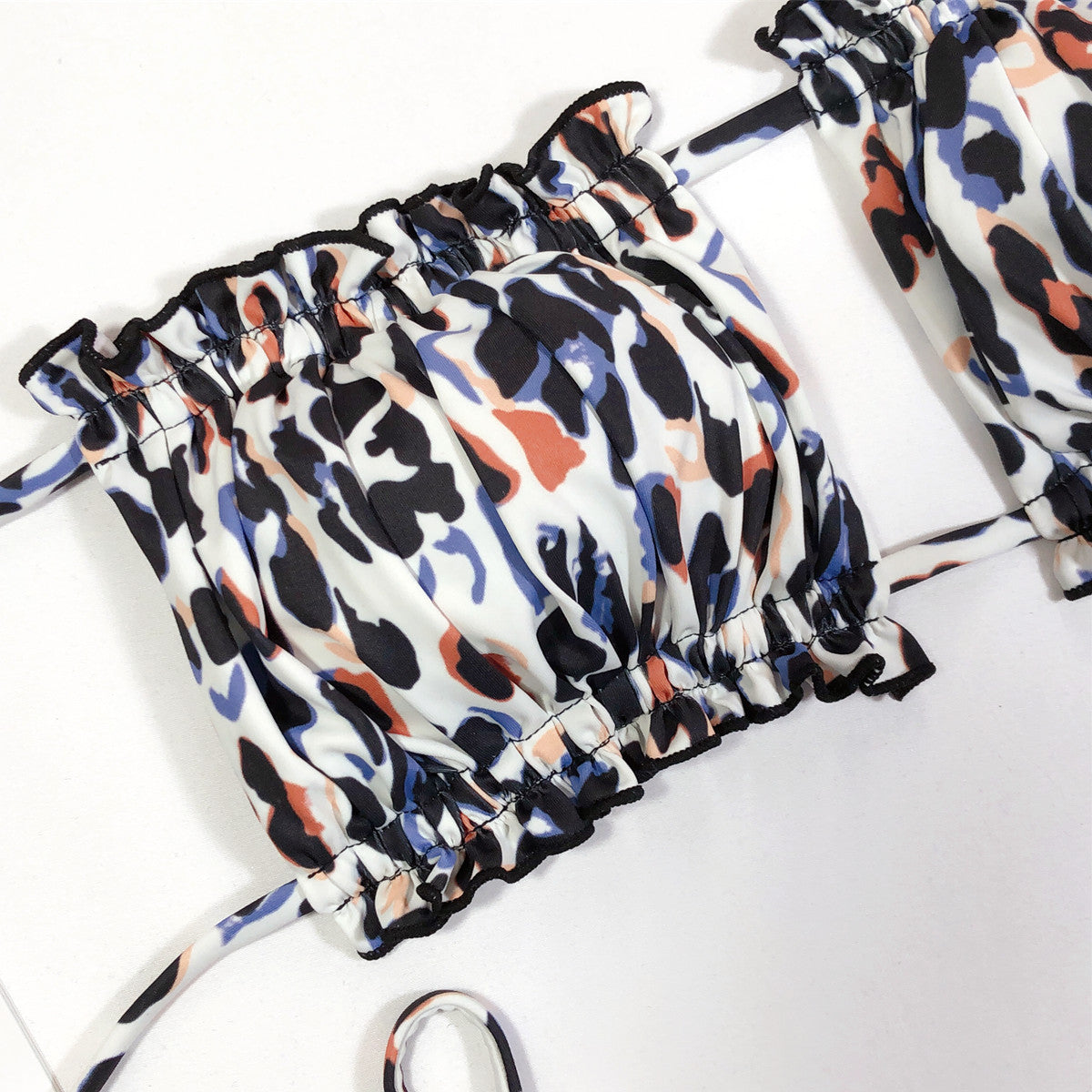 Women 2 Piece Strapless Bikini Swimsuits Ruffle Ribbed Self Tie Bandeau Bikini Set High Cut String Bathing Suits