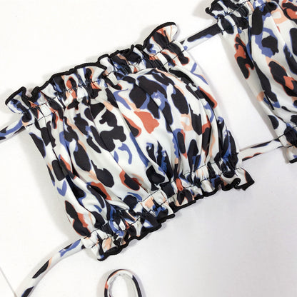 Women 2 Piece Strapless Bikini Swimsuits Ruffle Ribbed Self Tie Bandeau Bikini Set High Cut String Bathing Suits