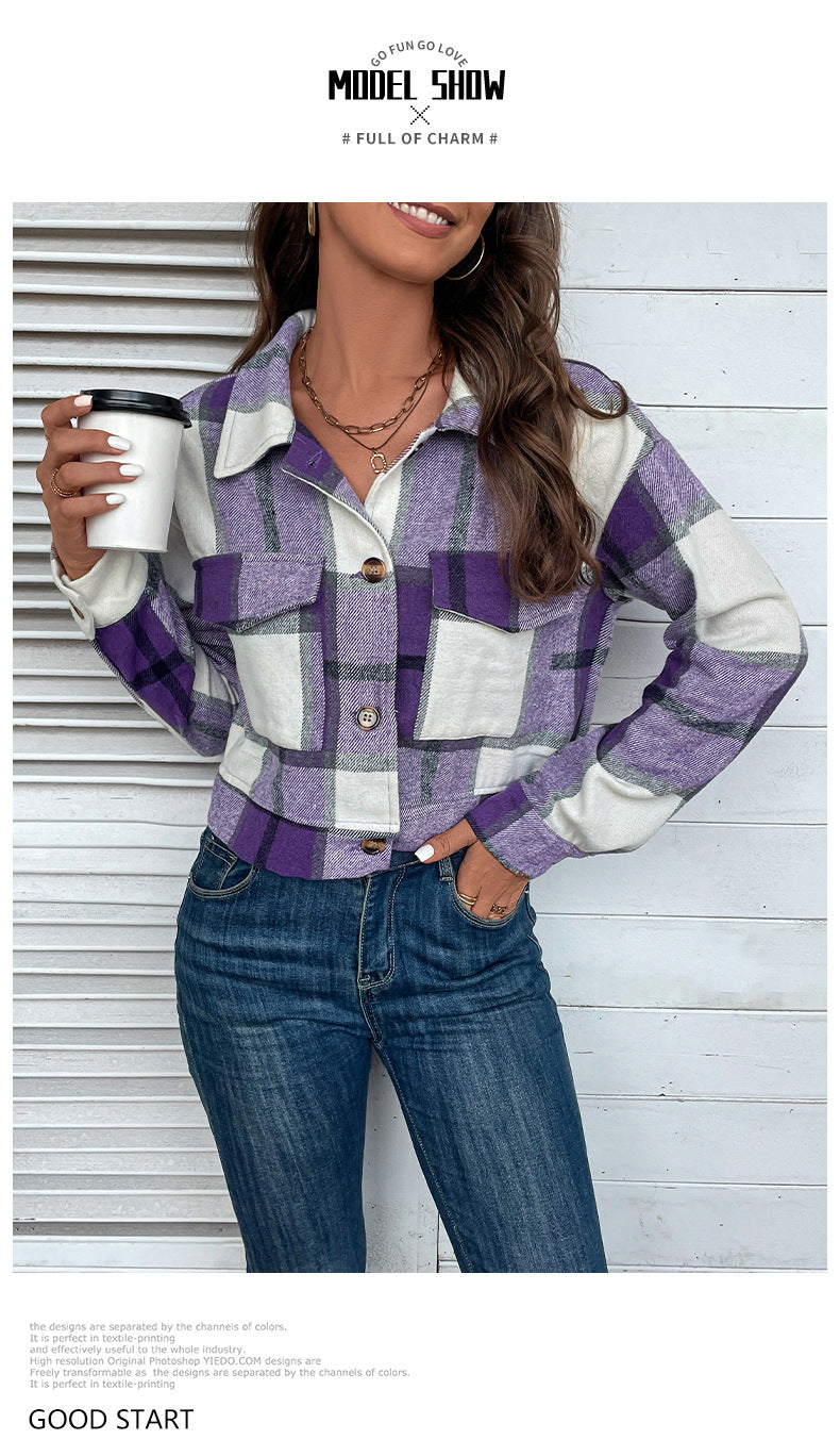 Women's Flannel Cropped Plaid Shacket Jacket Button Down Long Sleeve Shirts Tops