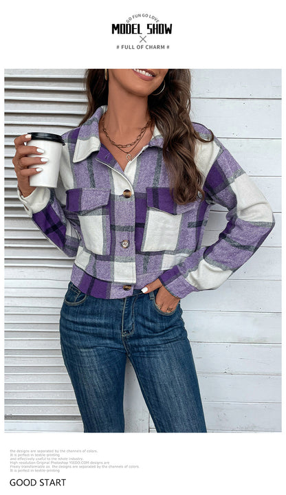 Women's Flannel Cropped Plaid Shacket Jacket Button Down Long Sleeve Shirts Tops