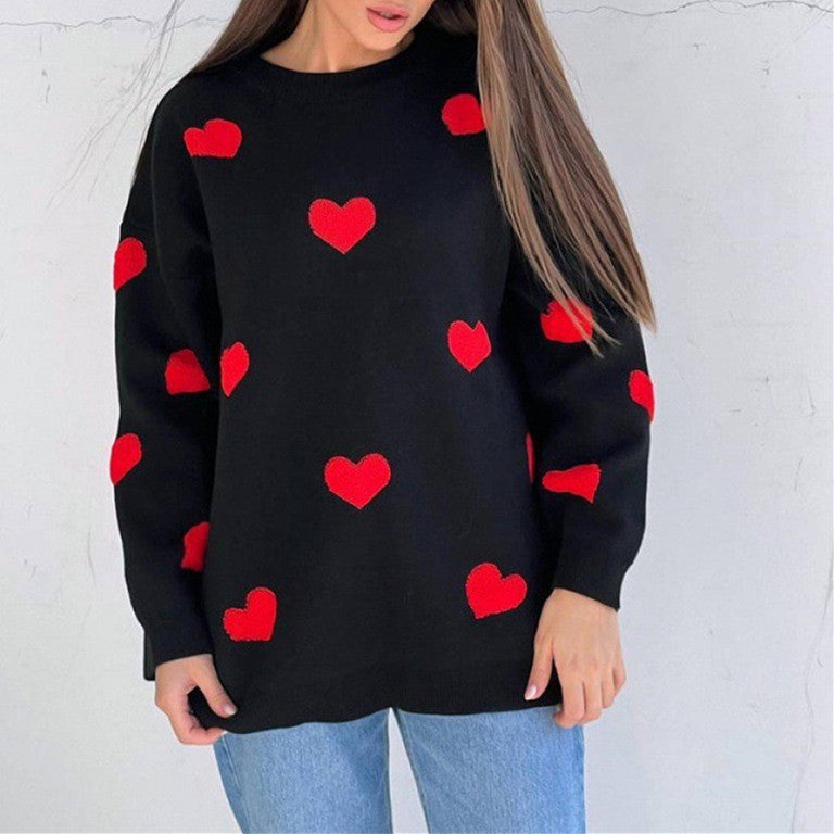 Women's Spring Heart Print Long Sleeve Crewneck Knitting Jumper, Comfort Round Neck Sweater for Daily Streetwear, Tiktop Shop, Lady's Top for Spring - Seldom Seen Styles