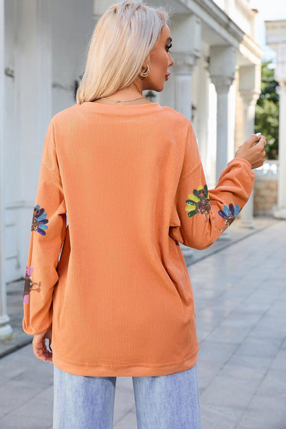 Women's Thanksgiving Sweatshirt with Sequin Turkey Graphic Corded Baggy Long Sleeve Winteroutfit Round Neck Casual Tops for Comfortable Wear - Seldom Seen Styles