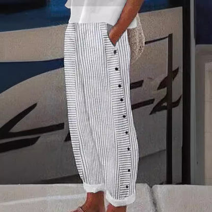 Linen Pants for Women Casual Straight Leg Elastic Waist Pants Stripe Print Beach Summer Pants with Pockets - Seldom Seen Styles