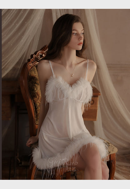 Womens Sexy 3 Piece Fuzzy Lingerie Set Transparent Tulle Nightshirt With Robe and G-String - Seldom Seen Styles