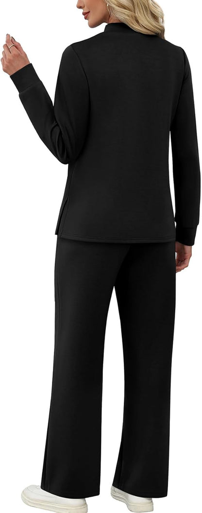 Two Piece Sets for Women Fall Travel Vacation Outfits Long Sleeve Lounge Sets Side Slit Wide Leg Pants S-3XL