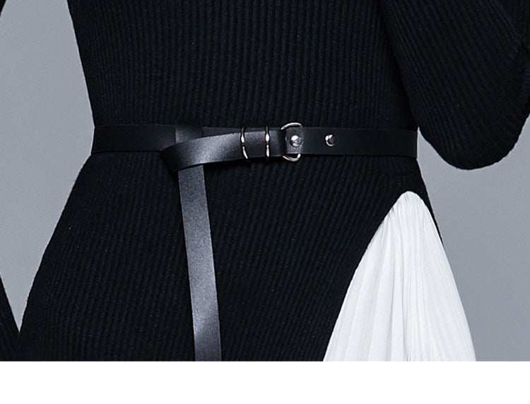 Reese Gradient Patchwork Pleated Midi Dress  Knitted Patchwork Gradient Color Pleated Slim Waist Large Swing Long Dress