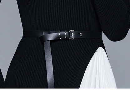 Reese Gradient Patchwork Pleated Midi Dress  Knitted Patchwork Gradient Color Pleated Slim Waist Large Swing Long Dress