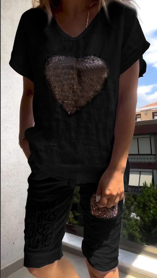 Linen Outfits Women 2 Piece Heart Sequins V-Neck Short Sleeve Top Loose Knee Length Pants 2025 Casual Set - Seldom Seen Styles