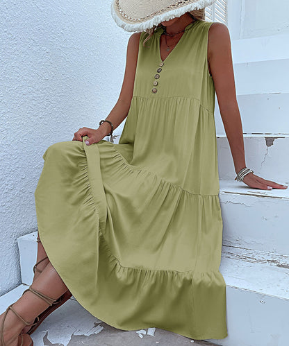 Summer Flowy Maxi Dress with Pockets Sleeveless Loose Casual Sundress V-Neck Tiered Sun Dress for Beach Cruise Vacations