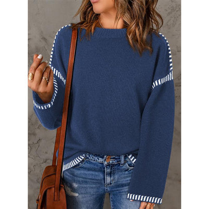Sweaters for Women Fashion Solid Crewneck Loose Fit Long Sleeve Contrast Cable Knit Pullover Sweater Jumper Tops Knitwear Womenswear Knitwear Womenswear - Seldom Seen Styles
