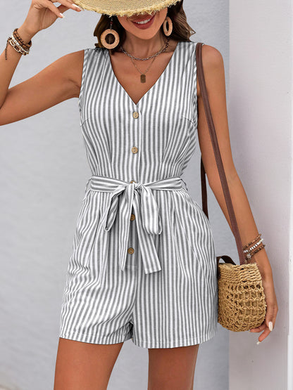 Women's Romper Woven V Neck Sleeveless Waist Tie Wide Leg Stripes Belted Jumpsuit Outfit Casual Dressy