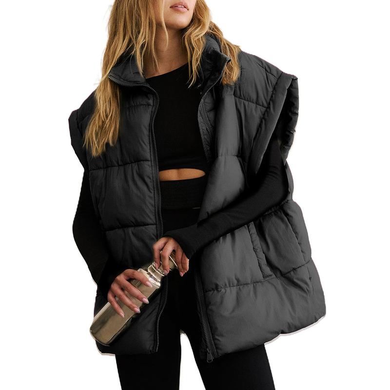 Women's Winter Oversized Puffer Vest Lightweight Stand Collar Flysleeve Insulated Padded Puffy Jackets Coat with Pockets Outerwear Casual Zipper Tops Black Fitted Minimalist FallFreshness - Seldom Seen Styles