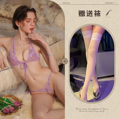 New Sexy Three-Piece Lingerie Set, No Need to Remove Bikini, Open Crotch, Tempting Plus Size Women's Set