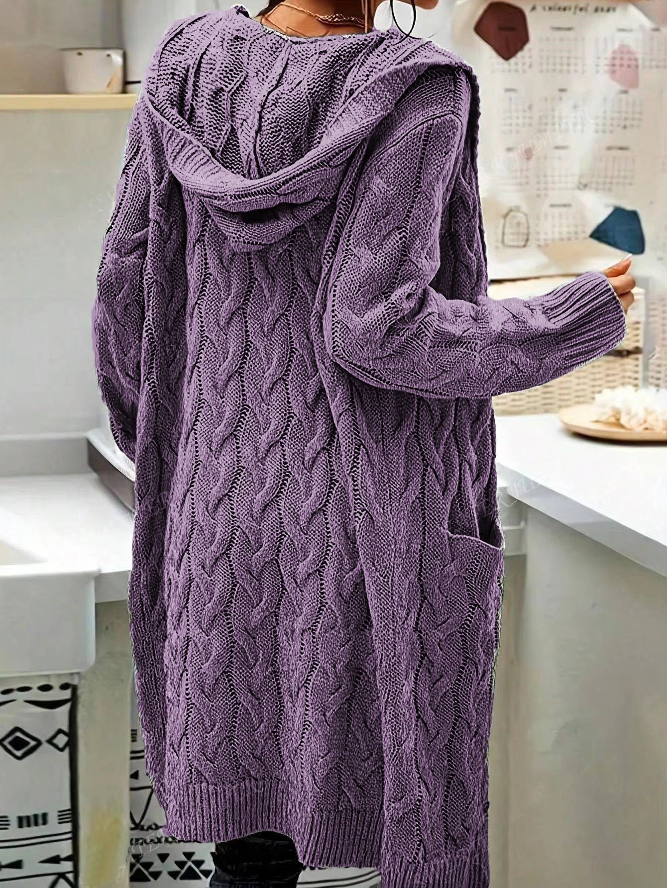 Women's Pocket Drop Shoulder Cardigan, Hooded Long Sleeve Warm Top, Casual Textured Knit Open Front Cable Outwear, Sweaters for Women