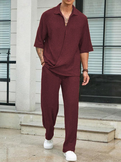 2025Spring New Commuter Suit Shirt Solid Color Short Sleeve Long Pants Men's Two-Piece Casual Set