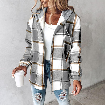 Women's Plaid / Houndstooth Print Button Front Hooded Coat, Casual Longsleeves Pocket Coat for Fall & Winter, Ladies Outerwear for Daily Wear, Womenswear - Seldom Seen Styles