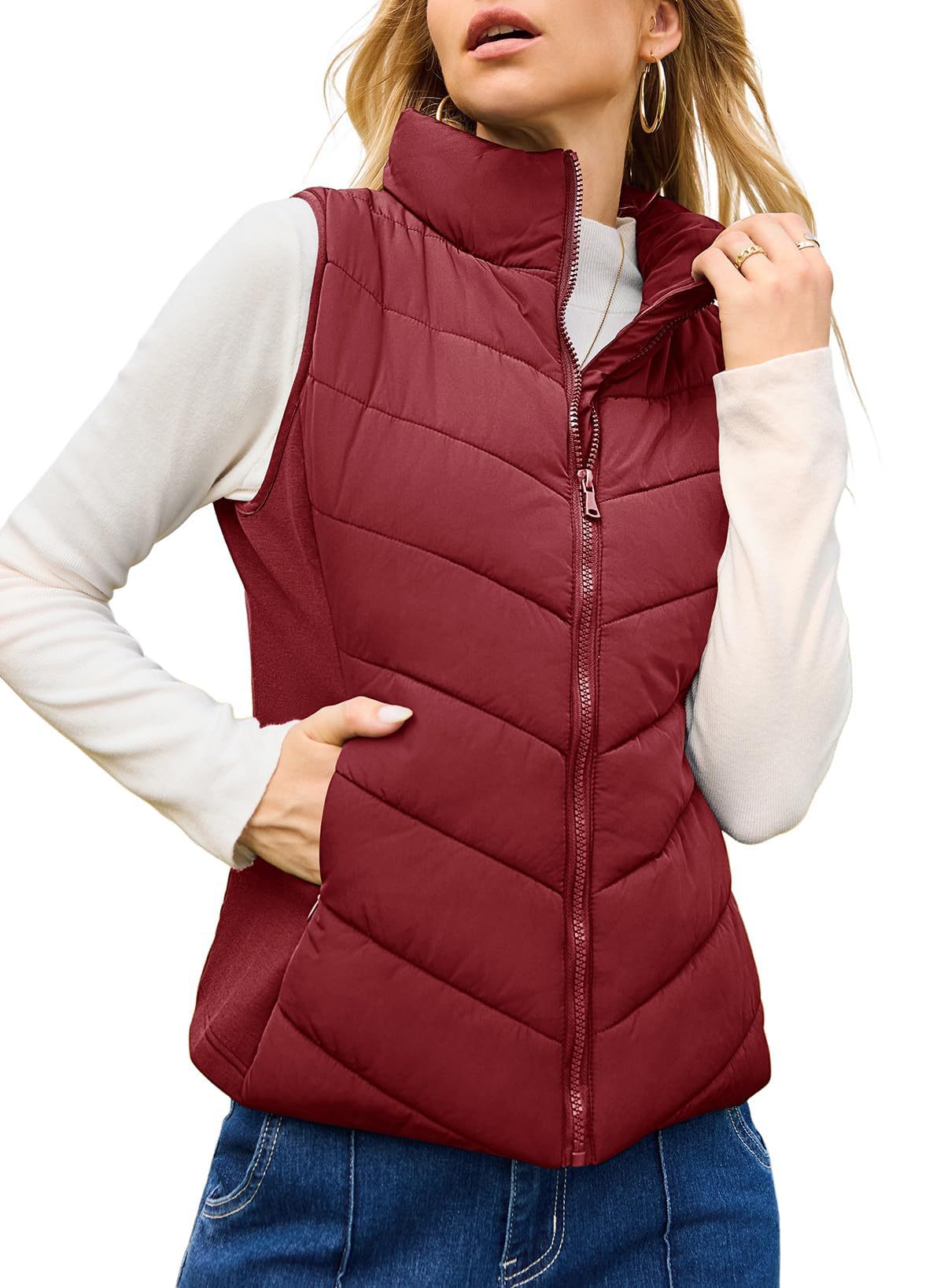 Puffer Vest Women Sleeveless Zip Up Outerwear Stand Collar Quilted Vest Warm Winter Jackets Coats with Pocket