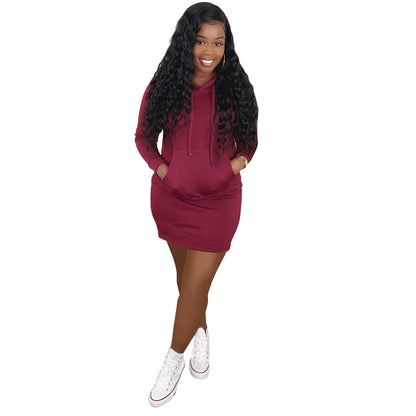 Women's Solid Drawstring Hooded Sweatshirt Dress, Chic Casual Long Sleeve Pocket Dress for Fall & Winter, Ladies Clothes for Daily Wear - Seldom Seen Styles