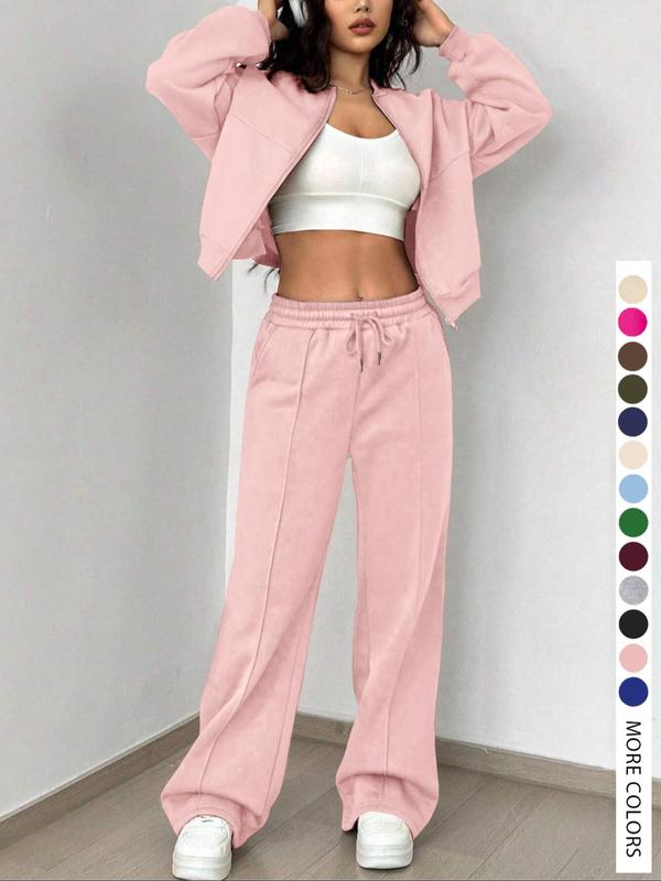 Women's Casual Tracksuit Set, Zip-Front Jacket and Elastic Waist Pants For Airport Wear, Athleisure Style