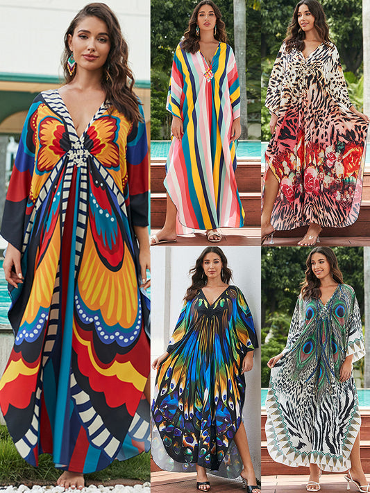 [Plus Size] Butterfly/feather Print Ruched Split Hem Tunic Dress, Valentine's Day Elegant Batwing Sleeve V Neck Long Dress for Summer, Casual Womenswear, Gift, Homecoming Dresses, Women's Clothes for Beach Holiday Vacation, Moo Moo Dresses - Seldom Seen Styles