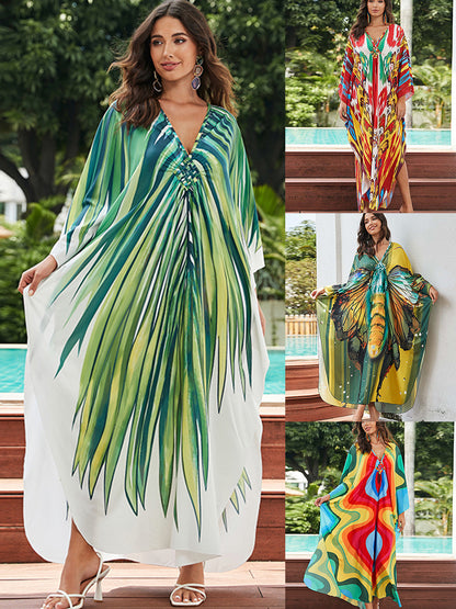 [Plus Size] Butterfly/feather Print Ruched Split Hem Tunic Dress, Valentine's Day Elegant Batwing Sleeve V Neck Long Dress for Summer, Casual Womenswear, Gift, Homecoming Dresses, Women's Clothes for Beach Holiday Vacation, Moo Moo Dresses - Seldom Seen Styles