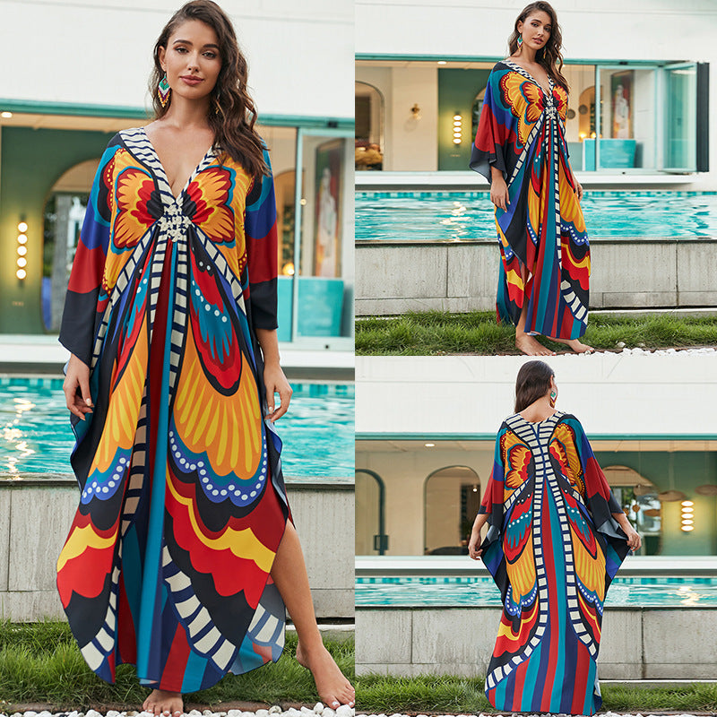 [Plus Size] Butterfly/feather Print Ruched Split Hem Tunic Dress, Valentine's Day Elegant Batwing Sleeve V Neck Long Dress for Summer, Casual Womenswear, Gift, Homecoming Dresses, Women's Clothes for Beach Holiday Vacation, Moo Moo Dresses - Seldom Seen Styles
