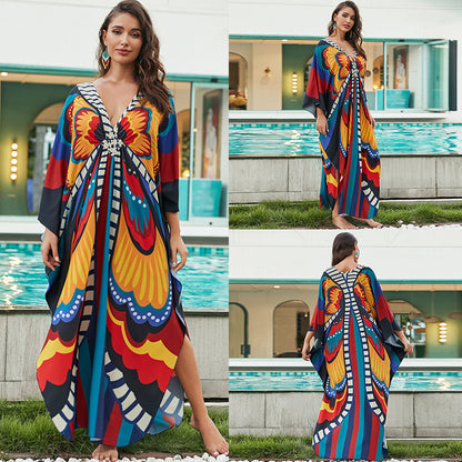 [Plus Size] Butterfly/feather Print Ruched Split Hem Tunic Dress, Valentine's Day Elegant Batwing Sleeve V Neck Long Dress for Summer, Casual Womenswear, Gift, Homecoming Dresses, Women's Clothes for Beach Holiday Vacation, Moo Moo Dresses - Seldom Seen Styles