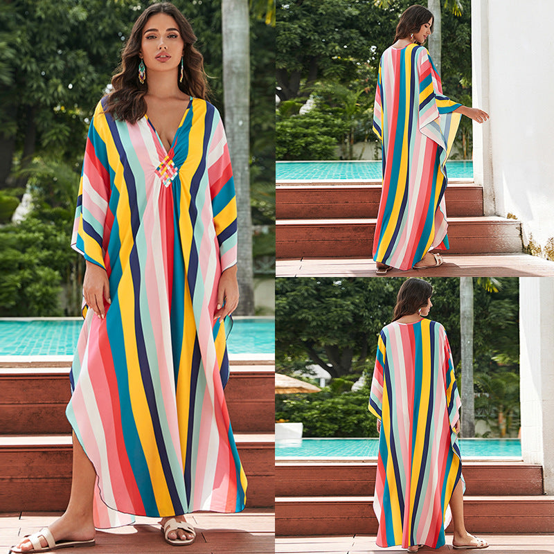 [Plus Size] Butterfly/feather Print Ruched Split Hem Tunic Dress, Valentine's Day Elegant Batwing Sleeve V Neck Long Dress for Summer, Casual Womenswear, Gift, Homecoming Dresses, Women's Clothes for Beach Holiday Vacation, Moo Moo Dresses - Seldom Seen Styles