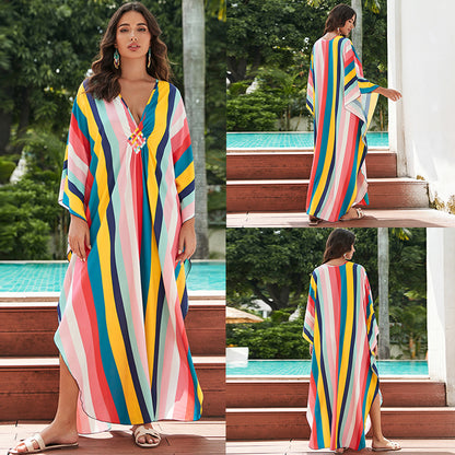 [Plus Size] Butterfly/feather Print Ruched Split Hem Tunic Dress, Valentine's Day Elegant Batwing Sleeve V Neck Long Dress for Summer, Casual Womenswear, Gift, Homecoming Dresses, Women's Clothes for Beach Holiday Vacation, Moo Moo Dresses - Seldom Seen Styles