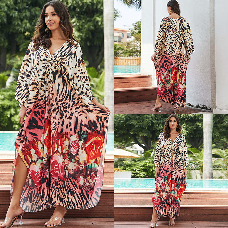 [Plus Size] Butterfly/feather Print Ruched Split Hem Tunic Dress, Valentine's Day Elegant Batwing Sleeve V Neck Long Dress for Summer, Casual Womenswear, Gift, Homecoming Dresses, Women's Clothes for Beach Holiday Vacation, Moo Moo Dresses - Seldom Seen Styles