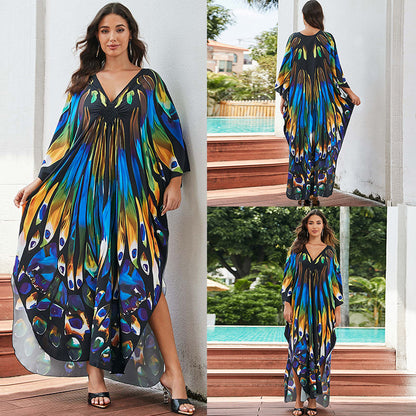 [Plus Size] Butterfly/feather Print Ruched Split Hem Tunic Dress, Valentine's Day Elegant Batwing Sleeve V Neck Long Dress for Summer, Casual Womenswear, Gift, Homecoming Dresses, Women's Clothes for Beach Holiday Vacation, Moo Moo Dresses - Seldom Seen Styles