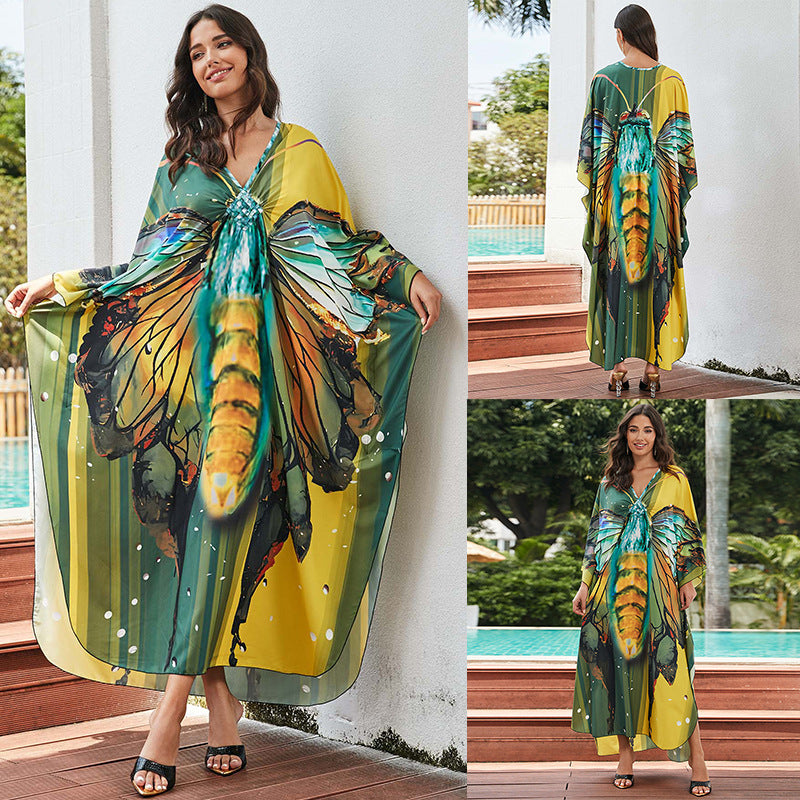 [Plus Size] Butterfly/feather Print Ruched Split Hem Tunic Dress, Valentine's Day Elegant Batwing Sleeve V Neck Long Dress for Summer, Casual Womenswear, Gift, Homecoming Dresses, Women's Clothes for Beach Holiday Vacation, Moo Moo Dresses - Seldom Seen Styles