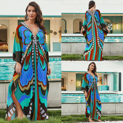 [Plus Size] Butterfly/feather Print Ruched Split Hem Tunic Dress, Valentine's Day Elegant Batwing Sleeve V Neck Long Dress for Summer, Casual Womenswear, Gift, Homecoming Dresses, Women's Clothes for Beach Holiday Vacation, Moo Moo Dresses - Seldom Seen Styles