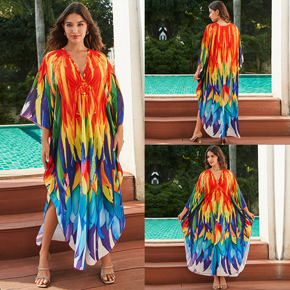[Plus Size] Butterfly/feather Print Ruched Split Hem Tunic Dress, Valentine's Day Elegant Batwing Sleeve V Neck Long Dress for Summer, Casual Womenswear, Gift, Homecoming Dresses, Women's Clothes for Beach Holiday Vacation, Moo Moo Dresses - Seldom Seen Styles