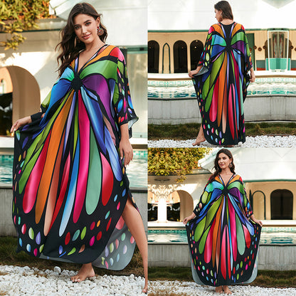 [Plus Size] Butterfly/feather Print Ruched Split Hem Tunic Dress, Valentine's Day Elegant Batwing Sleeve V Neck Long Dress for Summer, Casual Womenswear, Gift, Homecoming Dresses, Women's Clothes for Beach Holiday Vacation, Moo Moo Dresses - Seldom Seen Styles