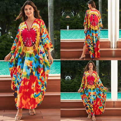 [Plus Size] Butterfly/feather Print Ruched Split Hem Tunic Dress, Valentine's Day Elegant Batwing Sleeve V Neck Long Dress for Summer, Casual Womenswear, Gift, Homecoming Dresses, Women's Clothes for Beach Holiday Vacation, Moo Moo Dresses - Seldom Seen Styles