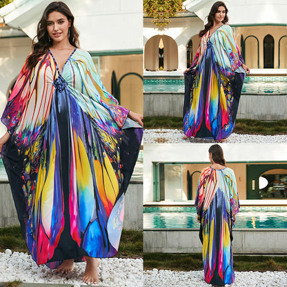 [Plus Size] Butterfly/feather Print Ruched Split Hem Tunic Dress, Valentine's Day Elegant Batwing Sleeve V Neck Long Dress for Summer, Casual Womenswear, Gift, Homecoming Dresses, Women's Clothes for Beach Holiday Vacation, Moo Moo Dresses - Seldom Seen Styles