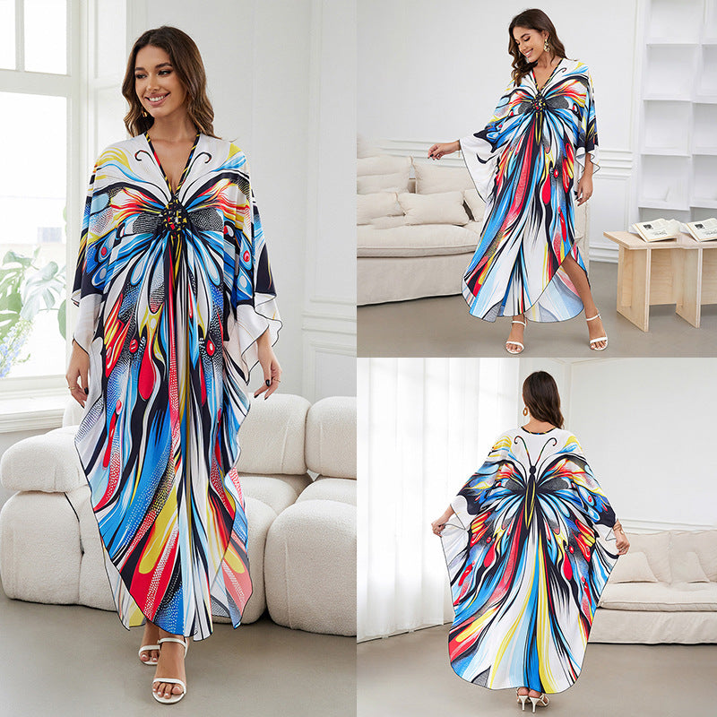 [Plus Size] Butterfly/feather Print Ruched Split Hem Tunic Dress, Valentine's Day Elegant Batwing Sleeve V Neck Long Dress for Summer, Casual Womenswear, Gift, Homecoming Dresses, Women's Clothes for Beach Holiday Vacation, Moo Moo Dresses - Seldom Seen Styles