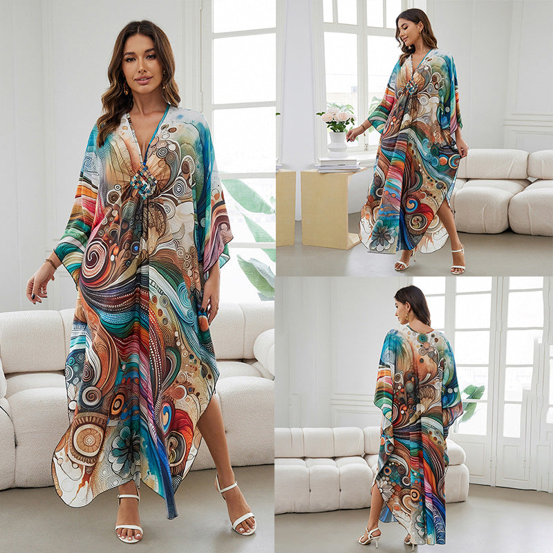 [Plus Size] Butterfly/feather Print Ruched Split Hem Tunic Dress, Valentine's Day Elegant Batwing Sleeve V Neck Long Dress for Summer, Casual Womenswear, Gift, Homecoming Dresses, Women's Clothes for Beach Holiday Vacation, Moo Moo Dresses - Seldom Seen Styles