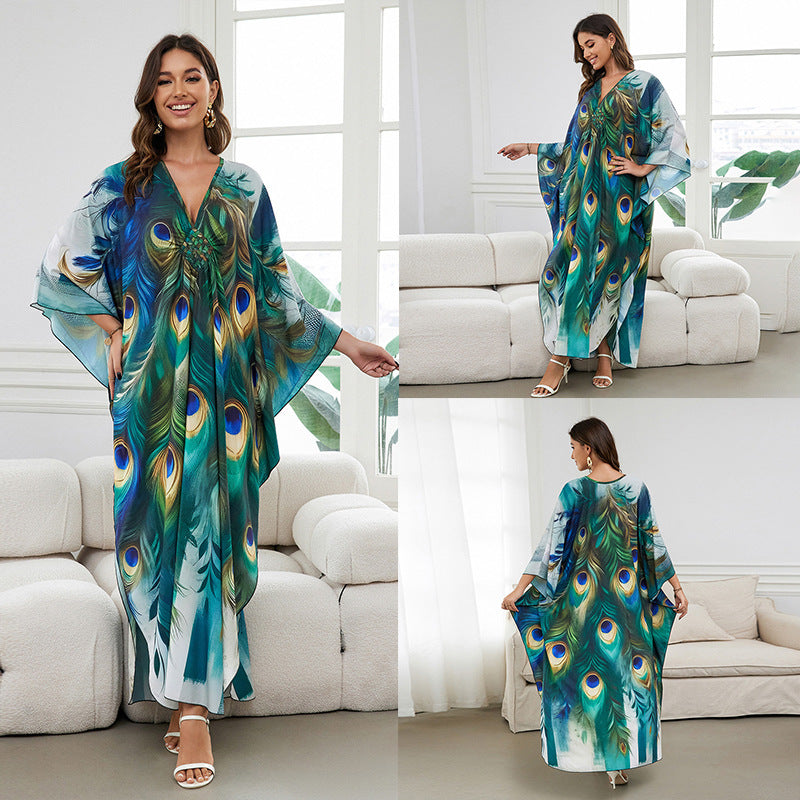 [Plus Size] Butterfly/feather Print Ruched Split Hem Tunic Dress, Valentine's Day Elegant Batwing Sleeve V Neck Long Dress for Summer, Casual Womenswear, Gift, Homecoming Dresses, Women's Clothes for Beach Holiday Vacation, Moo Moo Dresses - Seldom Seen Styles