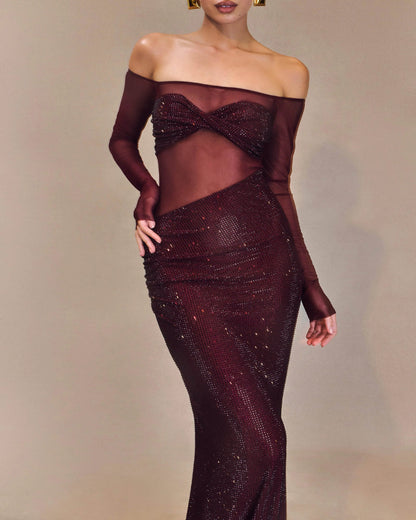 Christmas Sexy Sparkly Off-shoulder Fitted Sheer Mesh Long Dress