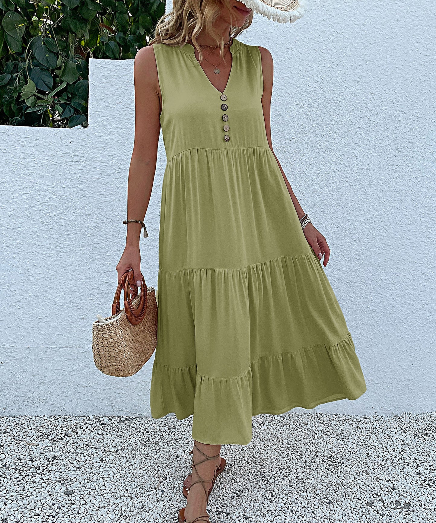 Summer Flowy Maxi Dress with Pockets Sleeveless Loose Casual Sundress V-Neck Tiered Sun Dress for Beach Cruise Vacations