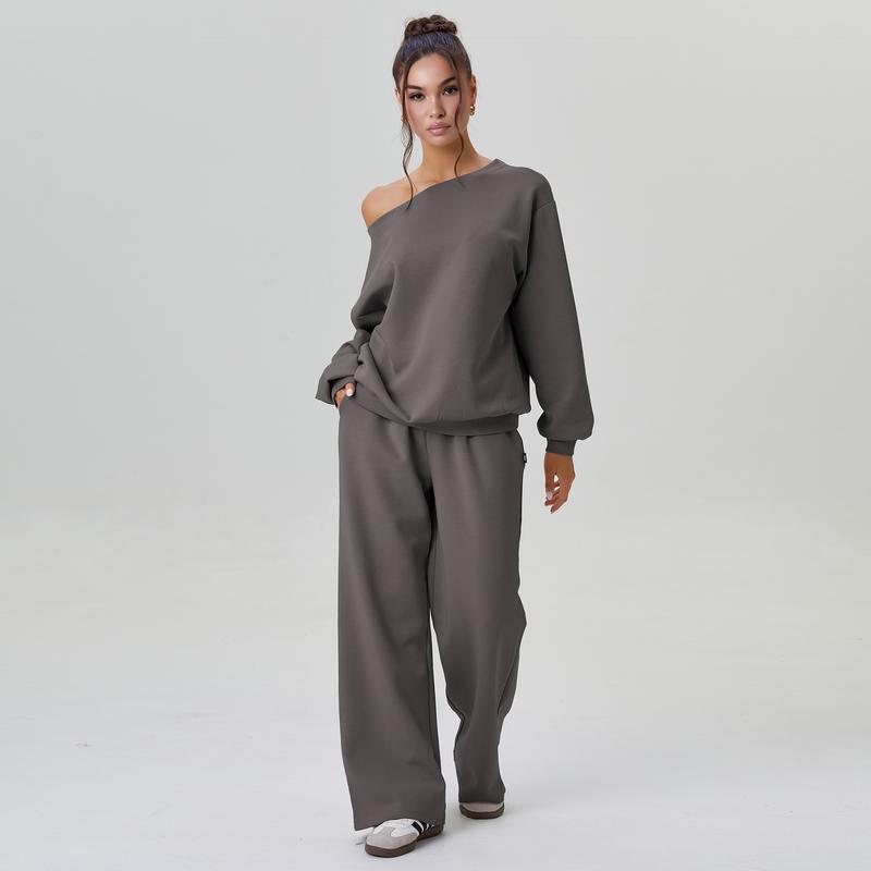 Women's Leisure Solid Color Sloping Shoulder Long Sleeve Top & Wide Leg Trousers Co-ord, Cozy Scoop Neck Loose Two Piece Outfits, Basic Womenswear - Seldom Seen Styles